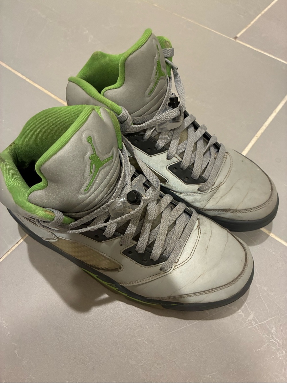 Air Jordan 5 Retro Green Bean Mid-Top Sneakers in Gray & Lime Green